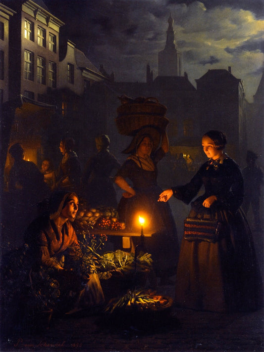 A Moonlit Vegetable Market, vintage artwork by Petrus van Schendel, A3 (16x12") Poster Print
