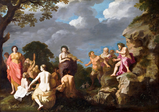The Musical Contest between Apollo and Marsyas, vintage artwork by Cornelis van Poelenburgh, 12x8" (A4) Poster
