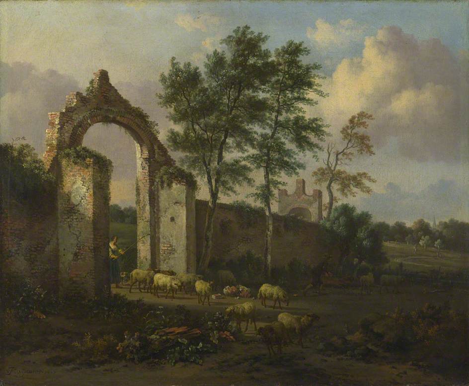 Landscape with a Woman Driving Sheep through a Ruined Archway, vintage artwork by Jan Wijnants, 12x8" (A4) Poster