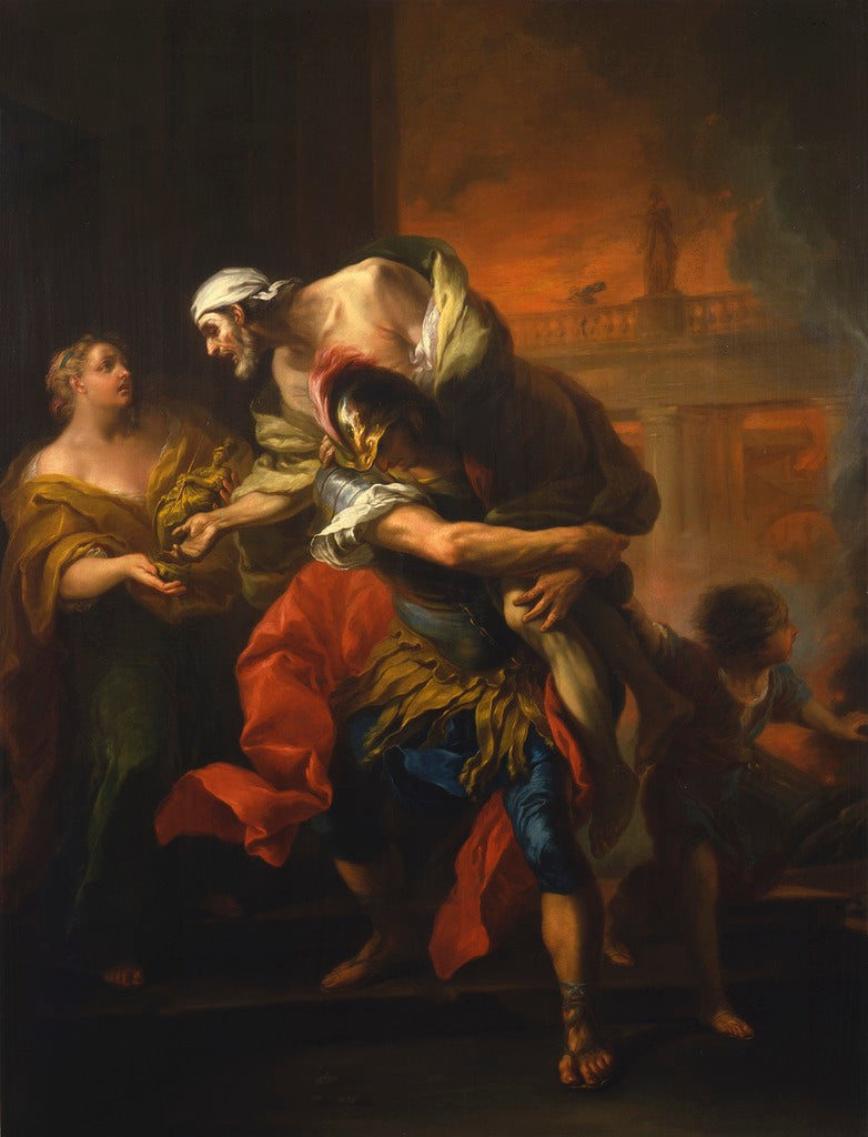 Aeneas Rescuing his Father from the Fire at Troy (Stockholm version), vintage artwork by Carle van Loo, 12x8" (A4) Poster