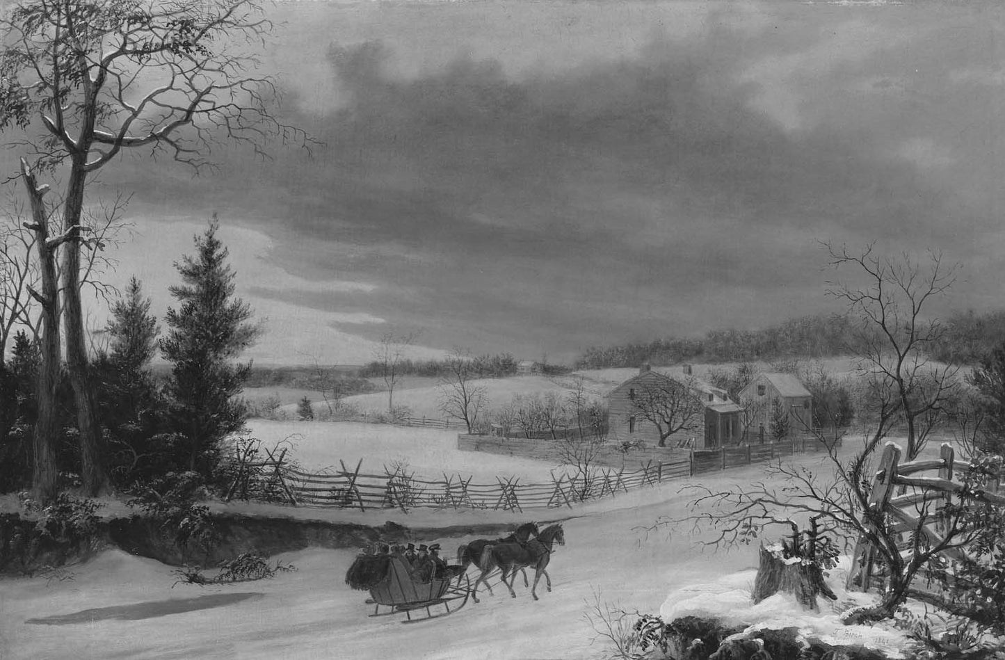 Sleigh Ride in the Country, vintage artwork by Thomas Birch, 12x8" (A4) Poster