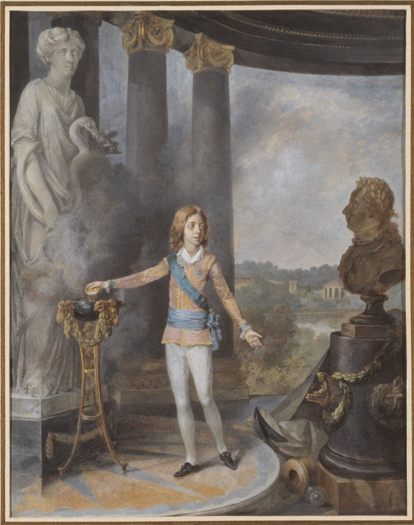 King Gustav IV Adolf of Sweden Sacrifices to Hygia for his Father's Health, vintage artwork by Niklas Lafrensen (II), 12x8" (A4) Poster