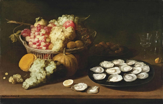 Still Life, Oysters and Fruits, vintage artwork by Jacob Foppens van Es, 12x8" (A4) Poster