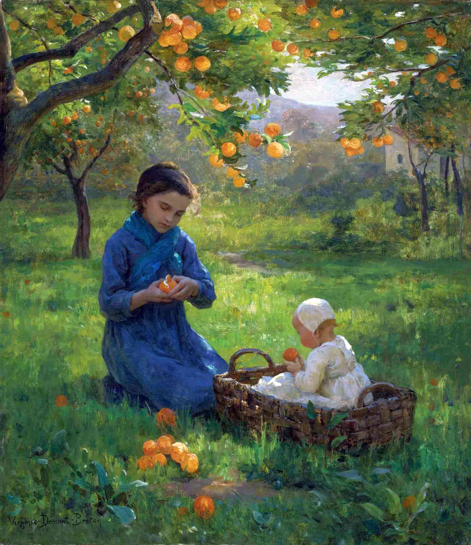 Under the Orange Tree, vintage artwork by Virginie Demont-Breton, 12x8" (A4) Poster