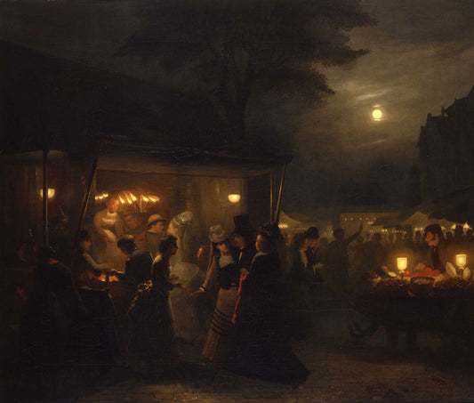 Market Scene, Evening, vintage artwork by Johannes Rosierse, A3 (16x12") Poster Print