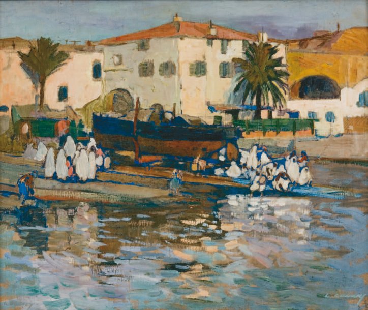 The Port of Algiers with Bathing Women, vintage artwork by Leon Cauvy, 12x8" (A4) Poster