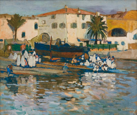 The Port of Algiers with Bathing Women, vintage artwork by Leon Cauvy, 12x8" (A4) Poster