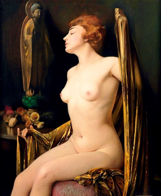 Nue au voile dore et au Bouddha, vintage artwork by Firmin Baes, 12x8" (A4) Poster