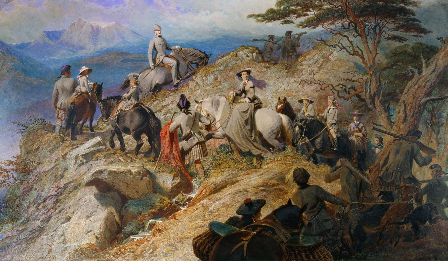 Morning in the Highlands: The Royal Family ascending Lochnagar, vintage artwork by Carl Haag, A3 (16x12") Poster Print