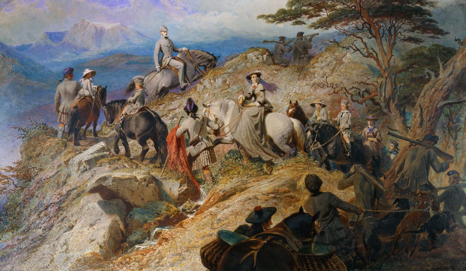 Morning in the Highlands: The Royal Family ascending Lochnagar, vintage artwork by Carl Haag, A3 (16x12") Poster Print