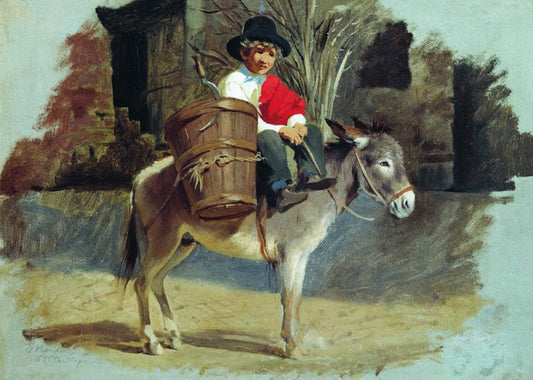 Boy Riding the Donkey, vintage artwork by Fedor Bronnikov, 12x8" (A4) Poster
