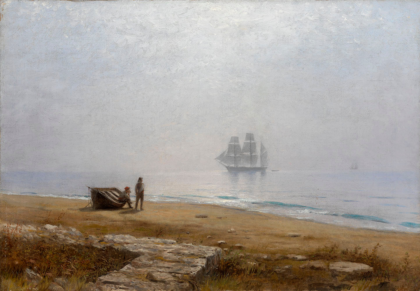Coastal Scene with a Passing Ship, vintage artwork by Lev Lagorio, 12x8" (A4) Poster