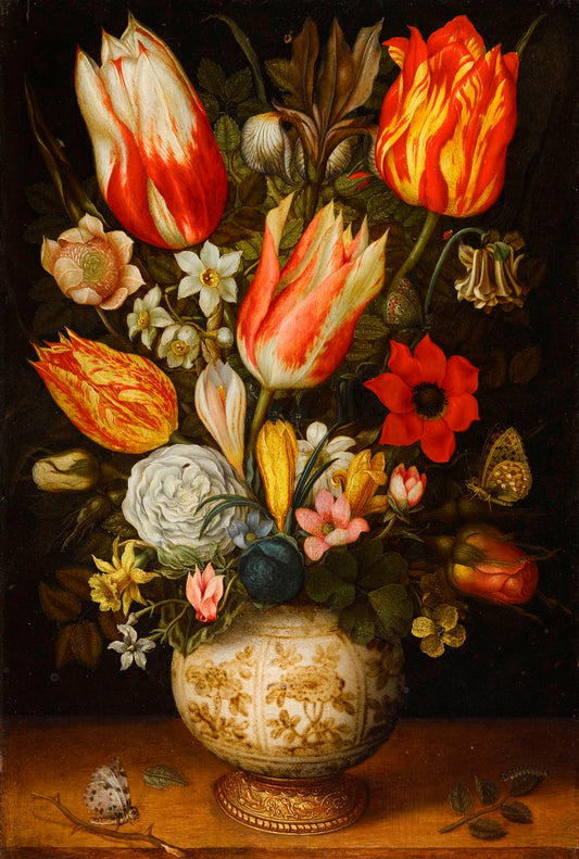 Still Life of Tulips, Roses, Narissi, Daffodils, Crocuses, an Iris, etc., vintage artwork by Christoffel van den Berghe, 12x8" (A4) Poster