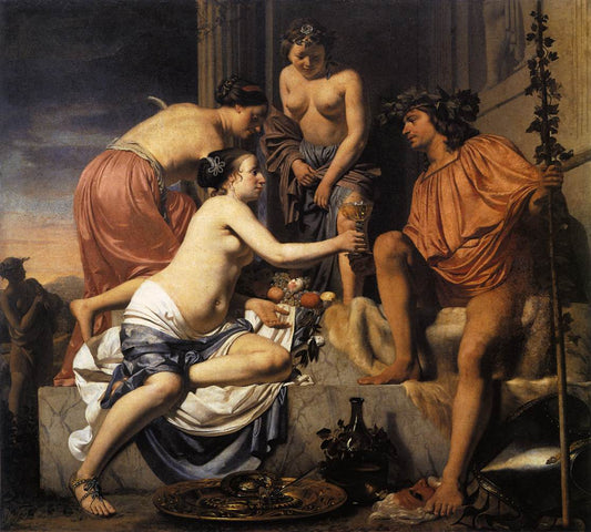 Nymphs Offering the Young Bacchus Wine, Fruit and Flowers, vintage artwork by Caesar van Everdingen, 12x8" (A4) Poster
