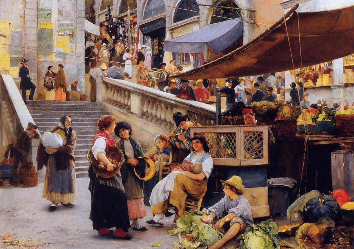 At the Foot of the Rialto, Venice, vintage artwork by Henry Woods, 12x8" (A4) Poster