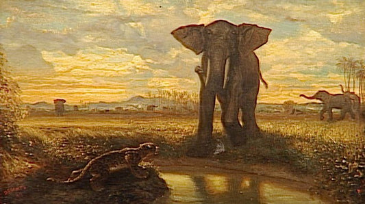 Tiger and Elephant at the Watering Hole, vintage artwork by Alexandre-Gabriel Decamps, A3 (16x12") Poster Print