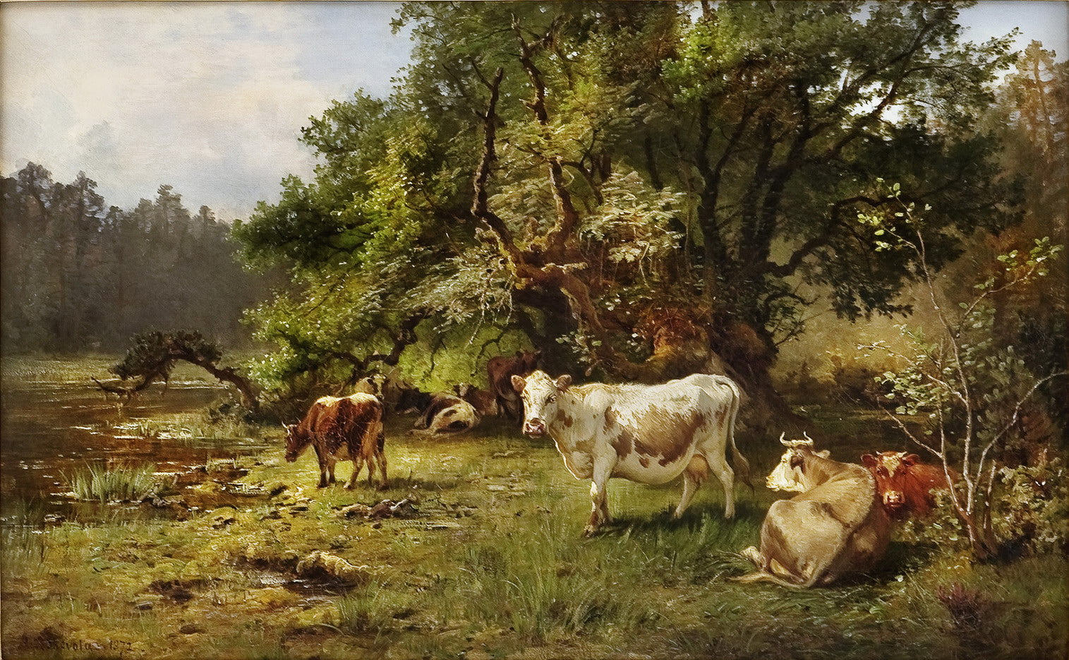 Cattle at the Watering Place, vintage artwork by Anders Monsen Askevold, 12x8" (A4) Poster