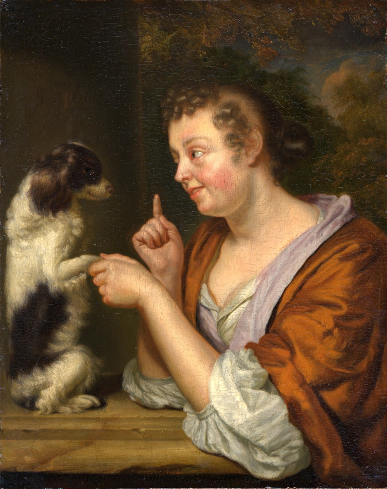 A young lady playing with a dog, vintage artwork by Godfried Schalcken, 12x8" (A4) Poster