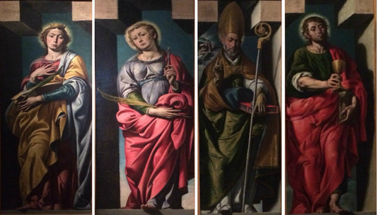 St. Catherine of Alexandria, St. Apollonia, St. Theodore and St. John the Evangelist, vintage artwork by Tanzio da Varallo, 12x8" (A4) Poster