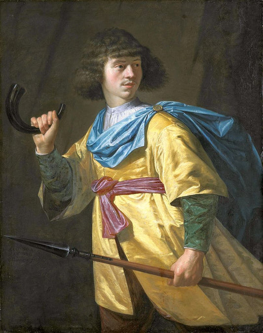 Portrait of a young man with a spear and horn, vintage artwork by Peter Danckerts de Rij, 12x8" (A4) Poster
