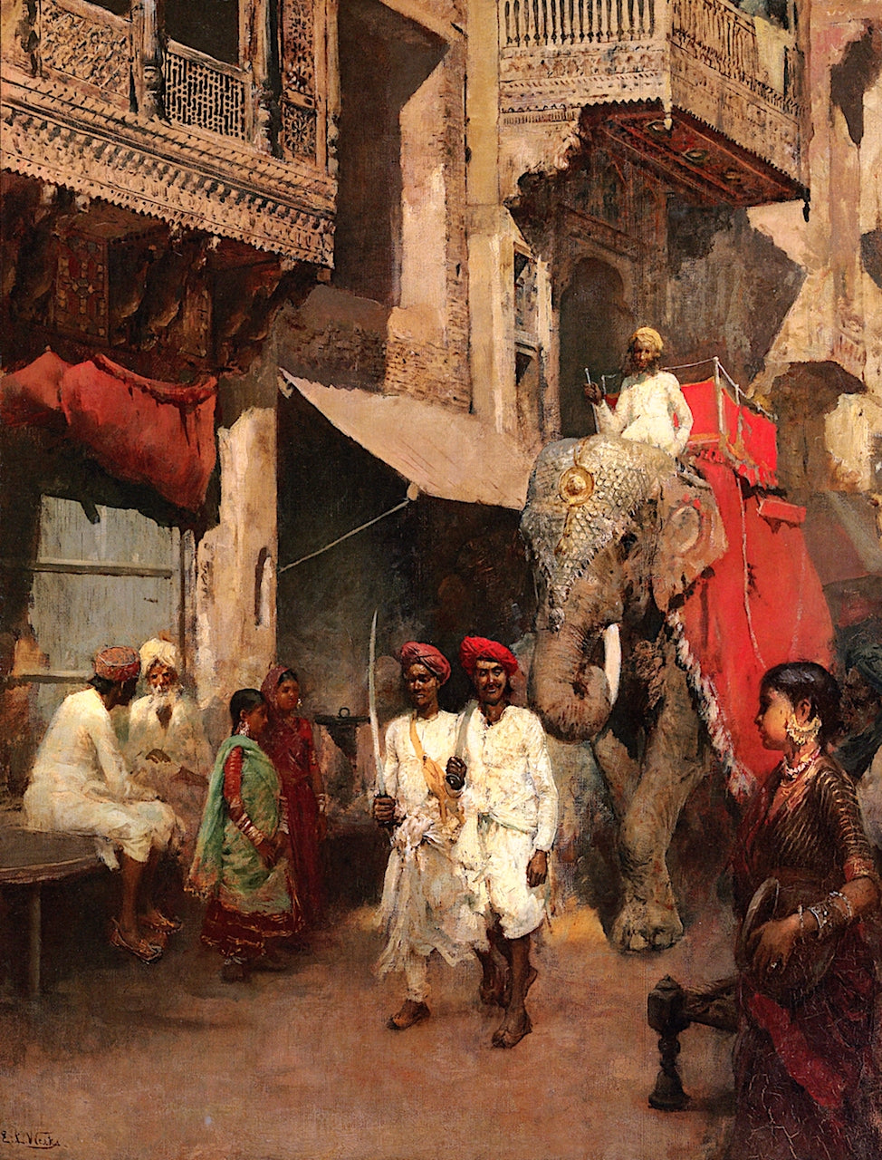 Promenade on a Street in Ahmedabad with the Rajah's elephant led by  Two Retainers, vintage artwork by Edwin Lord Weeks, 12x8" (A4) Poster