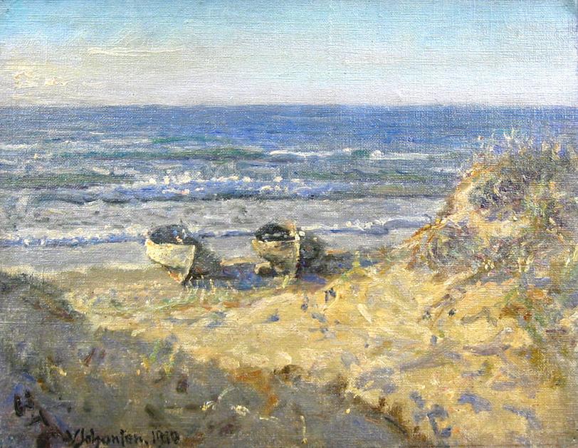 Boats in Skagen on Sonderstrand, vintage artwork by Viggo Johansen, 12x8" (A4) Poster