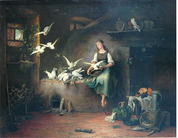 Feeding Doves, vintage artwork by Ernst Friedrich Hausmann, 12x8" (A4) Poster