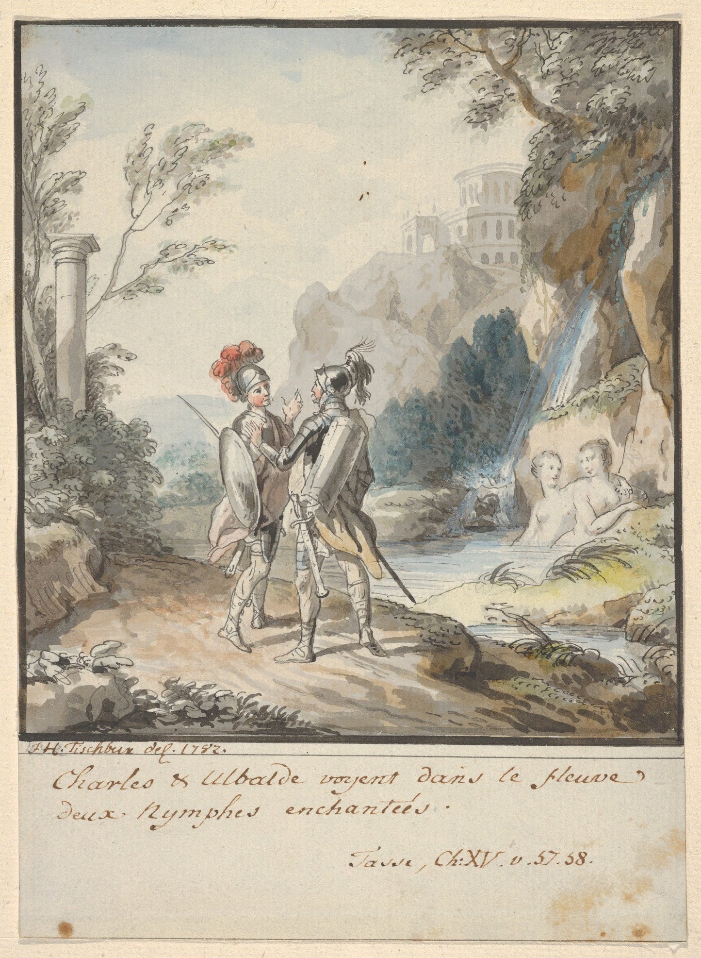 Carlo and Ubaldo Resisting the Enchantments of Armida's Nymphs, vintage artwork by Johann Heinrich Tischbein the Elder, 12x8" (A4) Poster