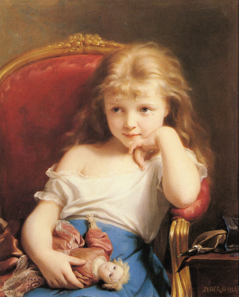 Young Girl Holding a Doll, vintage artwork by Fritz Zuber-Buhler, 12x8" (A4) Poster