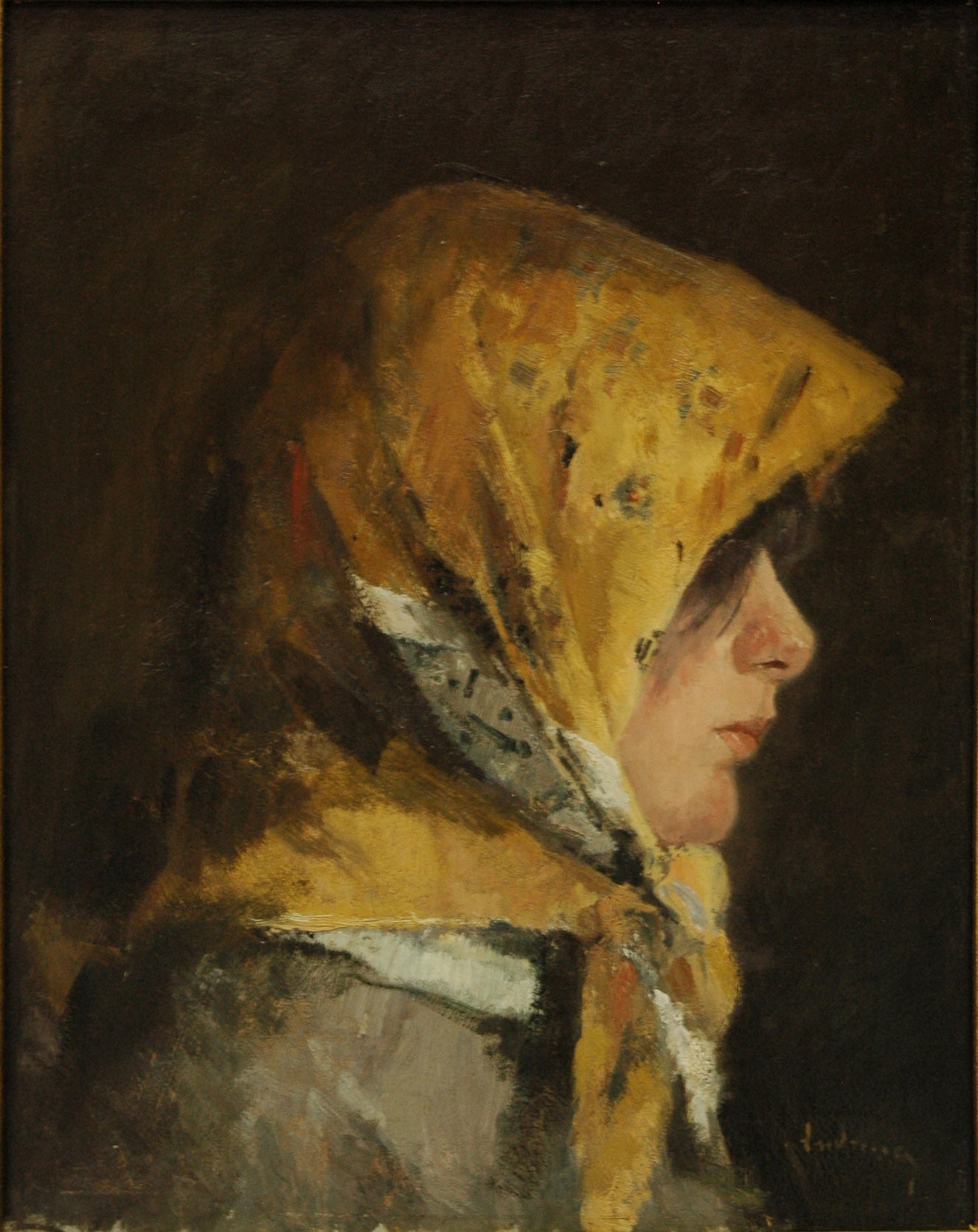 Portrait of a Peaseant with Yellow Kerchief, vintage artwork by Andreescu, Ion, 12x8" (A4) Poster