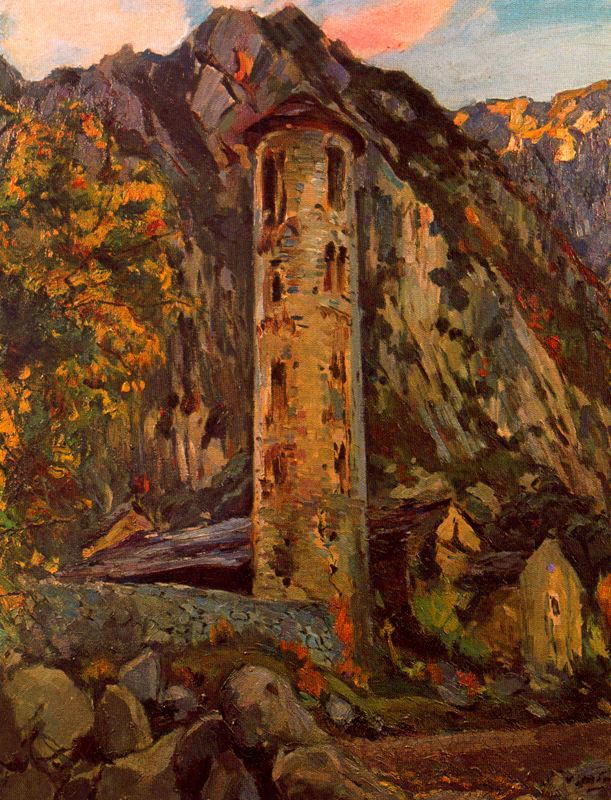 El campanar romànic de Santa Coloma, vintage artwork by Joaquin Mir  Trinxet, 12x8" (A4) Poster