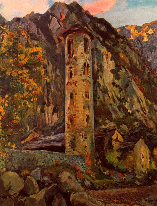 El campanar romànic de Santa Coloma, vintage artwork by Joaquin Mir  Trinxet, 12x8" (A4) Poster