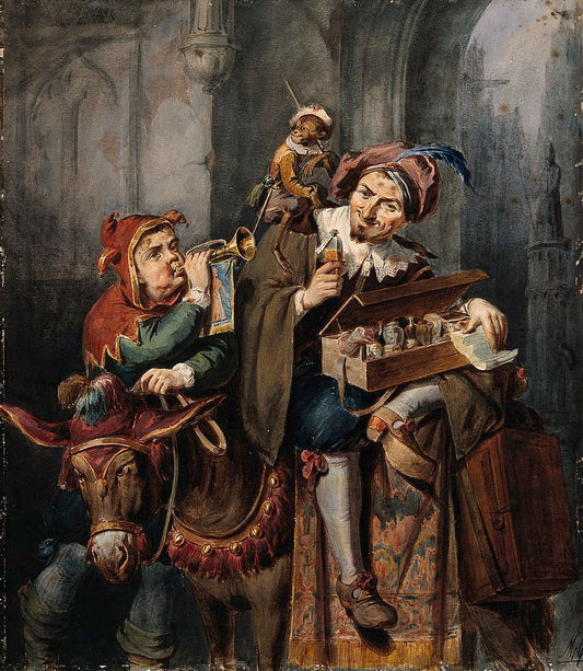 An itinerant medicine vendor sitting on a donkey with a monkey and a fool, vintage artwork by Moritz Calisch, A3 (16x12") Poster Print