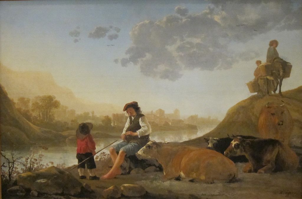 River Landscape with Bagpipe Player, vintage artwork by Aelbert Cuyp, 12x8" (A4) Poster