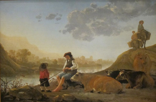 River Landscape with Bagpipe Player, vintage artwork by Aelbert Cuyp, 12x8" (A4) Poster