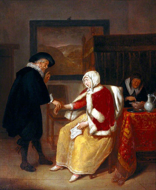 A Physician Taking the Pulse of a Young Woman, while an Old Made Prepares Gruel for Her, vintage artwork by Quiringh van Brekelenkam, 12x8" (A4) Poster