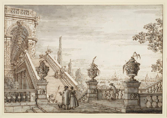 A capriccio with a monumental staircase, vintage artwork by Canaletto, 12x8" (A4) Poster