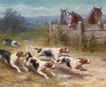 Jack Russell chasing pack, vintage artwork by Carl Reichert, 12x8" (A4) Poster