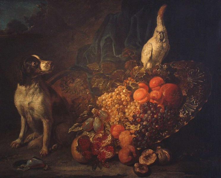 Ostentatious still life with dog and parrot, vintage artwork by David de Coninck, 12x8" (A4) Poster