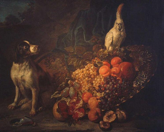 Ostentatious still life with dog and parrot, vintage artwork by David de Coninck, 12x8" (A4) Poster