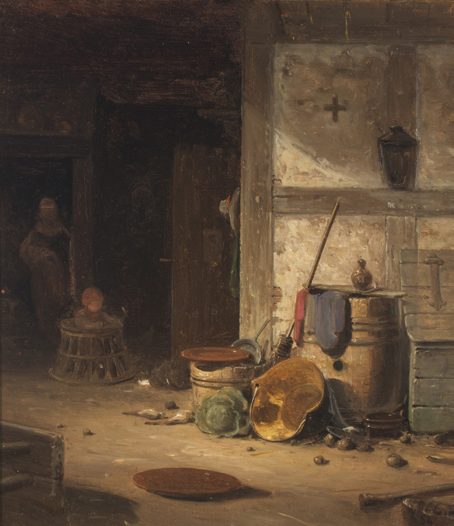 Country Kitchen with Small Child in Walking Chair, vintage artwork by Georg Emil Libert, A3 (16x12") Poster Print