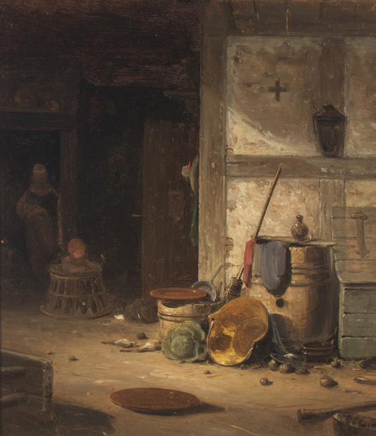 Country Kitchen with Small Child in Walking Chair, vintage artwork by Georg Emil Libert, A3 (16x12") Poster Print