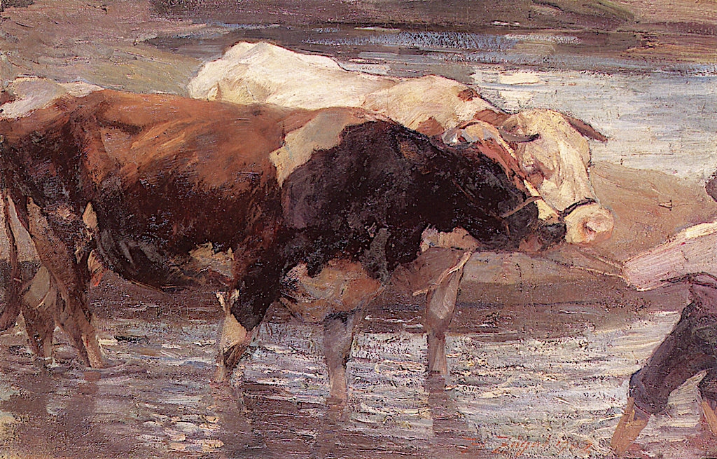 In the Water, Boy Guiding Unruly Oxen through the Ford, vintage artwork by Heinrich Johann von Zügel, 12x8" (A4) Poster