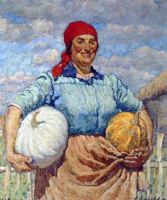 Farmer with pumpkins, vintage artwork by Ilya Mashkov, 12x8" (A4) Poster
