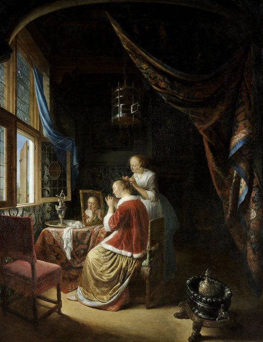 A Young Woman at her Toilet, vintage artwork by Gerrit Dou, 12x8" (A4) Poster