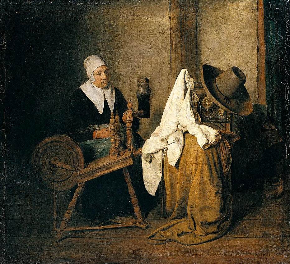 Interior with an Old Woman at a Spinning Wheel, vintage artwork by Esaias Boursse, 12x8" (A4) Poster