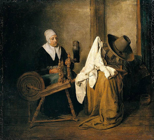 Interior with an Old Woman at a Spinning Wheel, vintage artwork by Esaias Boursse, 12x8" (A4) Poster