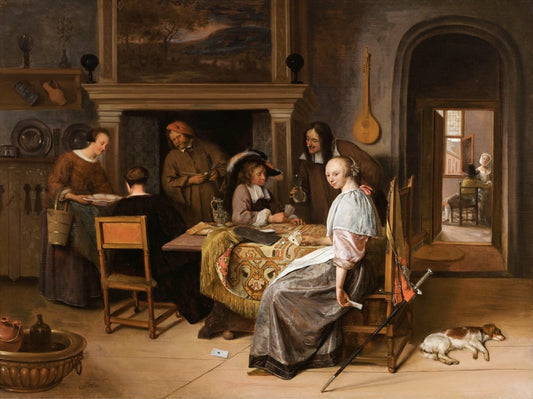 Cardplayers in an Interior (Elegant Company in an Interior), vintage artwork by Jan Havicksz. Steen, 12x8" (A4) Poster