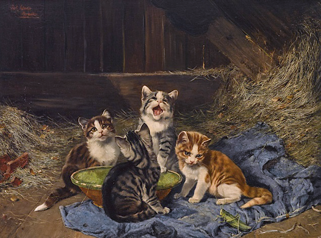 Four Kittens with Grasshopper in a Stable by Julius Adam,A3(16x12")Poster
