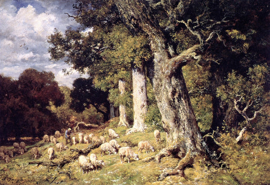 Herd of Sheep in the Forest of Fontainebleau, vintage artwork by Charles-Émile Jacque, A3 (16x12") Poster Print